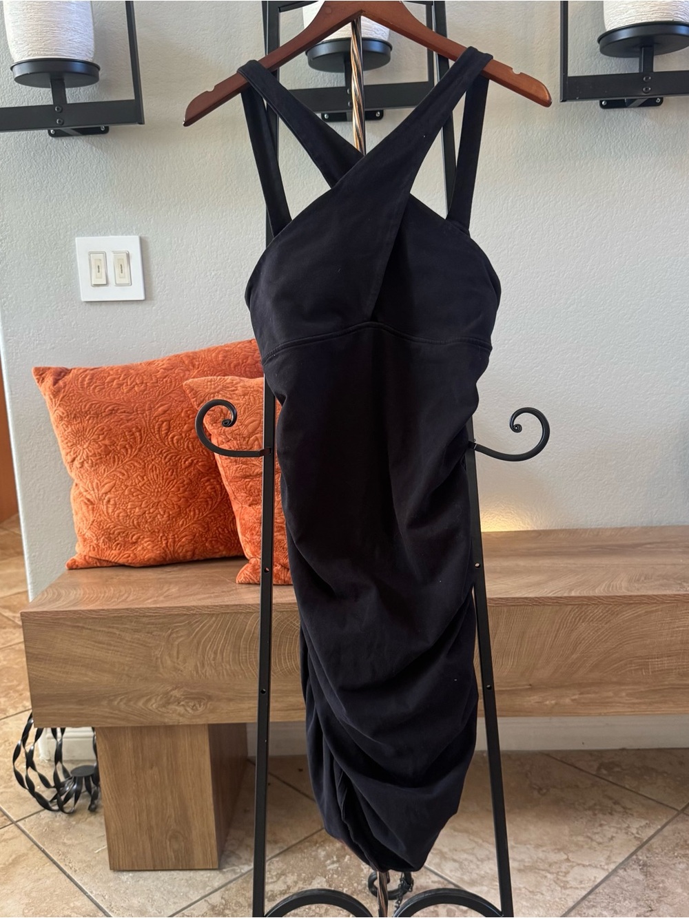 GUESS Black Ruched Bodycon Midi Dress Cross Strap Size XL